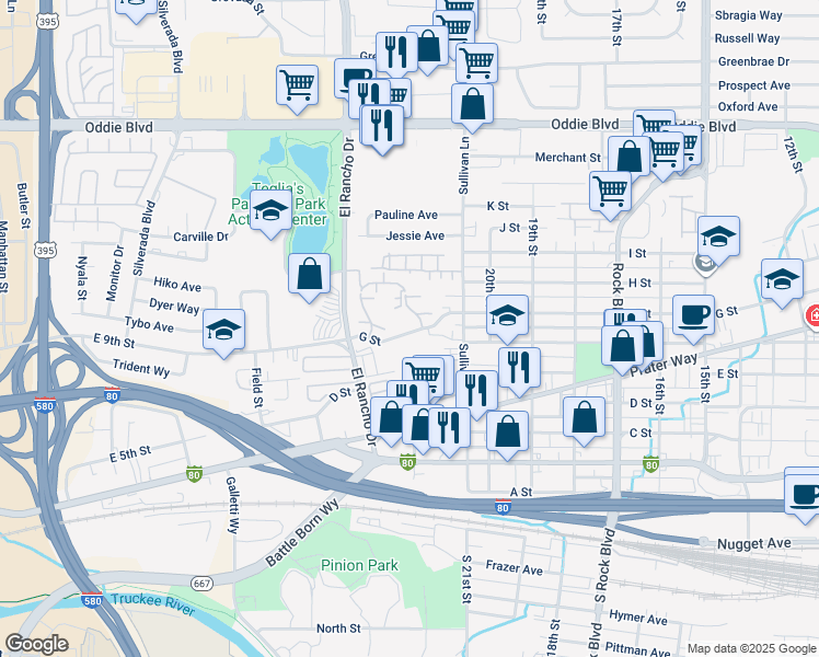 map of restaurants, bars, coffee shops, grocery stores, and more near 2154 Roundhouse Road in Sparks