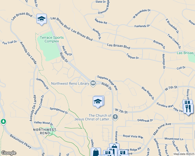 map of restaurants, bars, coffee shops, grocery stores, and more near 2408 Sapphire Ridge Way in Reno