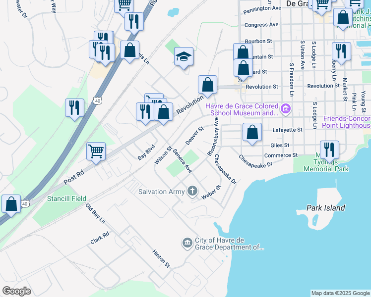 map of restaurants, bars, coffee shops, grocery stores, and more near 134 Deaver Street in Havre de Grace