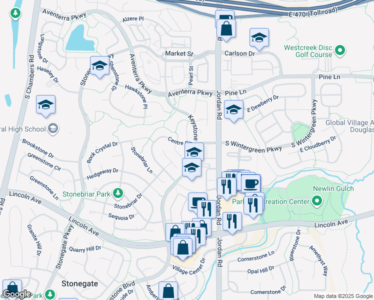 map of restaurants, bars, coffee shops, grocery stores, and more near 9734 Crowsley Court in Parker