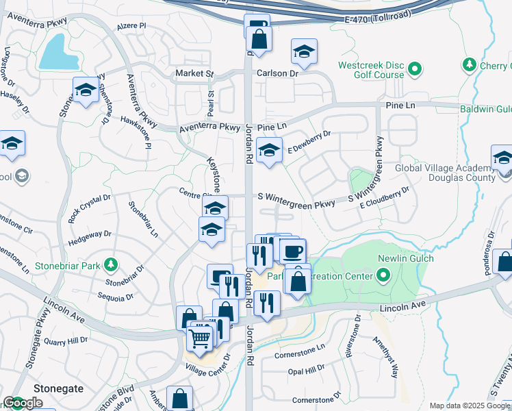 map of restaurants, bars, coffee shops, grocery stores, and more near 9567 Deer Horn Court in Parker
