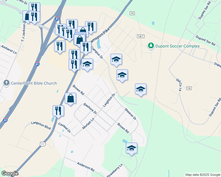 map of restaurants, bars, coffee shops, grocery stores, and more near 54 Teague Lane in Martinsburg