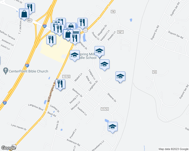 map of restaurants, bars, coffee shops, grocery stores, and more near 54 Teague Lane in Martinsburg