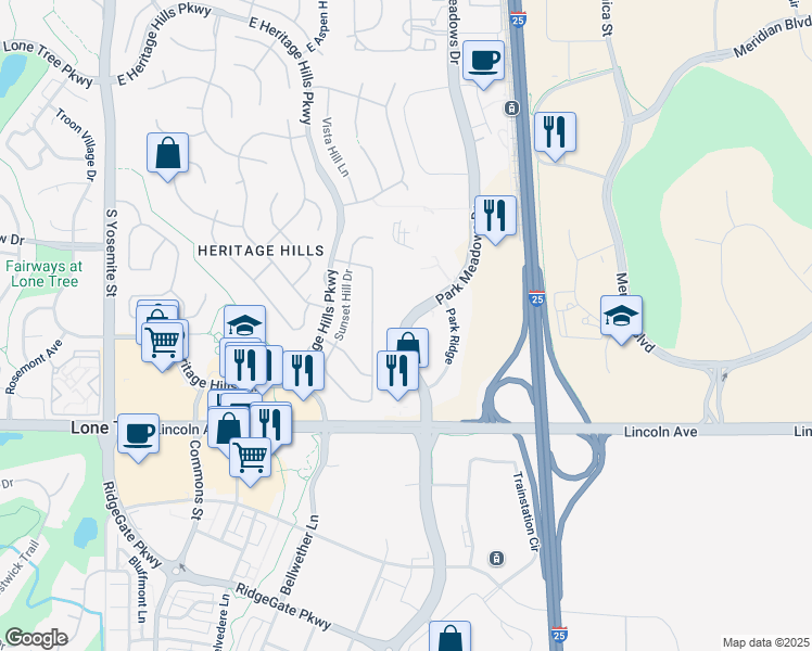 map of restaurants, bars, coffee shops, grocery stores, and more near 10360 Park Meadows Drive in Lone Tree