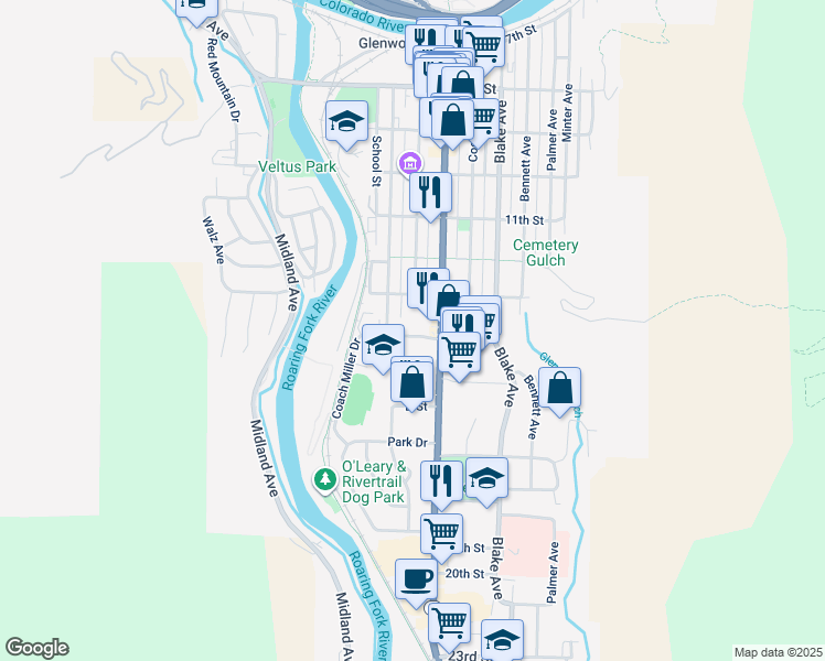 map of restaurants, bars, coffee shops, grocery stores, and more near 1306 Colorado Court in Glenwood Springs