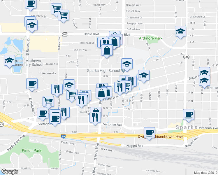 map of restaurants, bars, coffee shops, grocery stores, and more near 1624 G Street in Sparks