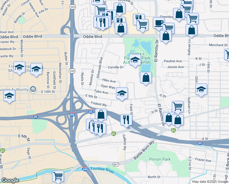 map of restaurants, bars, coffee shops, grocery stores, and more near 2585 Dyer Way in Reno