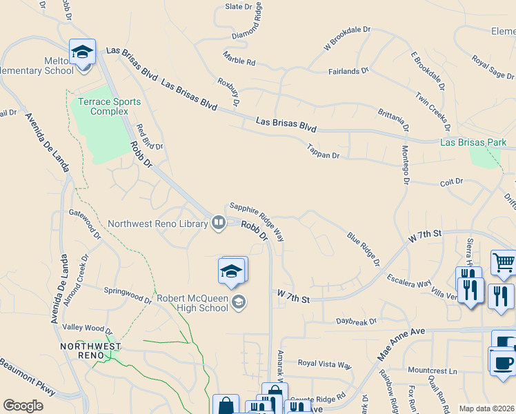 map of restaurants, bars, coffee shops, grocery stores, and more near 2356 Sapphire Ridge Way in Reno