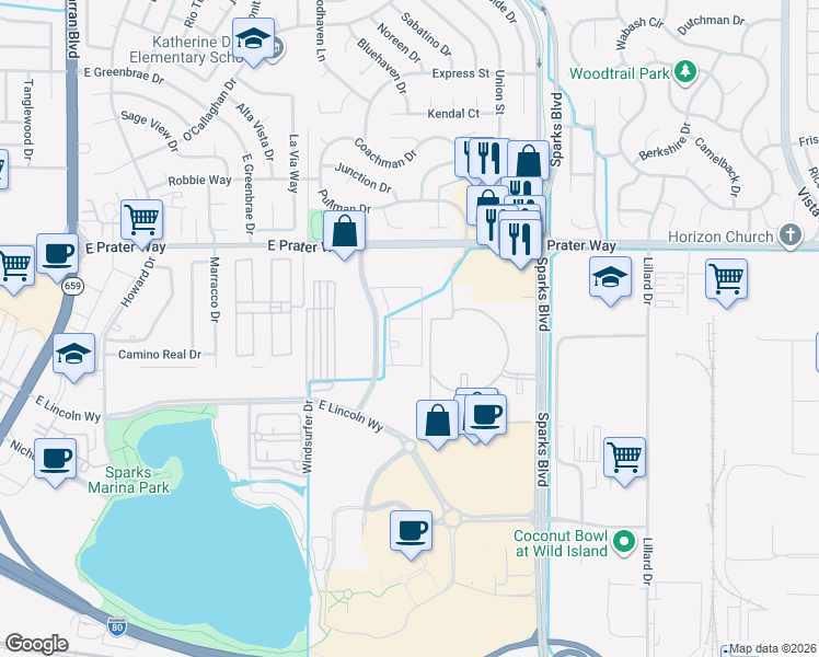 map of restaurants, bars, coffee shops, grocery stores, and more near 550 Marina Gateway Drive in Sparks