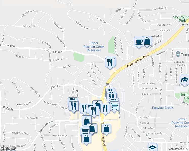 map of restaurants, bars, coffee shops, grocery stores, and more near 5154 Aspen View Drive in Reno