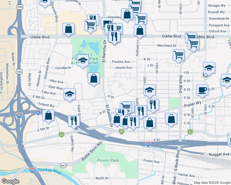 map of restaurants, bars, coffee shops, grocery stores, and more near 2325 Roundhouse Road in Sparks