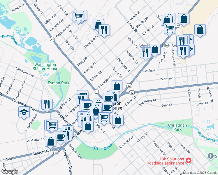 map of restaurants, bars, coffee shops, grocery stores, and more near 421 East Temple Street in Washington Court House