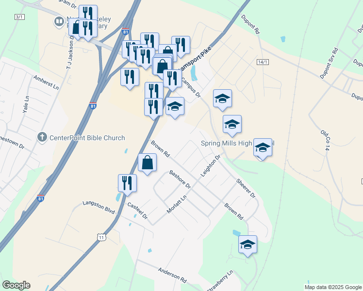 map of restaurants, bars, coffee shops, grocery stores, and more near 75 Mabel Lane in Martinsburg