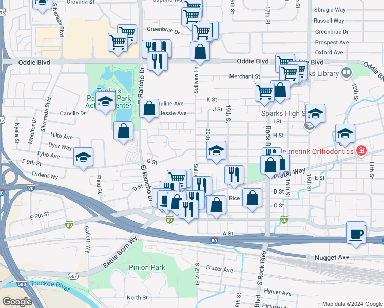 map of restaurants, bars, coffee shops, grocery stores, and more near 691 Sullivan Lane in Sparks