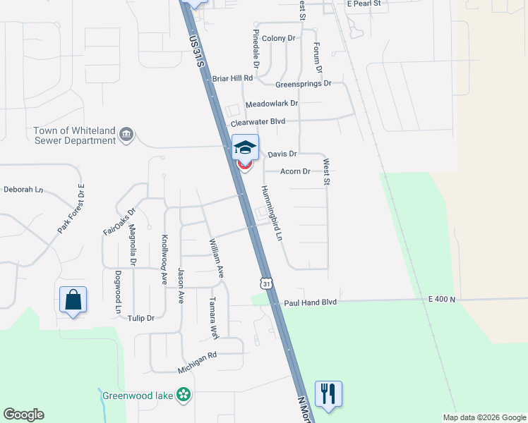 map of restaurants, bars, coffee shops, grocery stores, and more near 599 South U.S. 31 in Whiteland