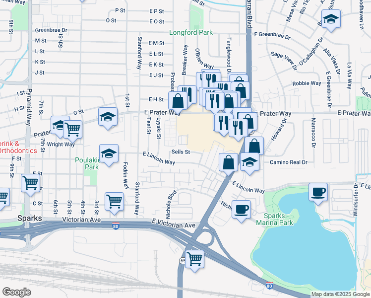 map of restaurants, bars, coffee shops, grocery stores, and more near 275 East Prater Way in Sparks