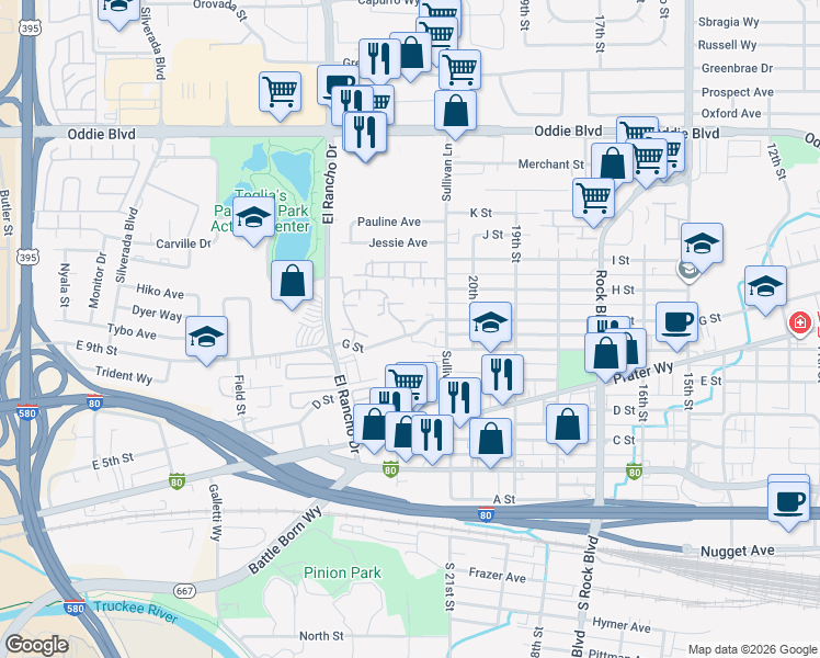 map of restaurants, bars, coffee shops, grocery stores, and more near 2106 Roundhouse Road in Sparks
