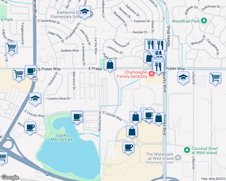 map of restaurants, bars, coffee shops, grocery stores, and more near 675 Marina Gateway Drive in Sparks