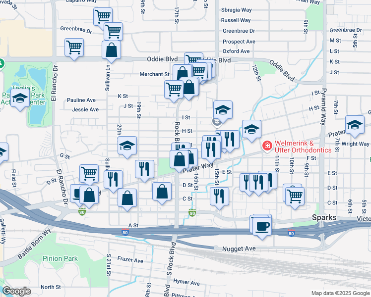 map of restaurants, bars, coffee shops, grocery stores, and more near 1624 G Street in Sparks