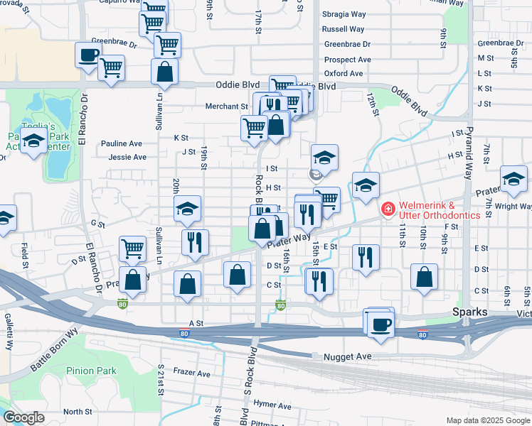 map of restaurants, bars, coffee shops, grocery stores, and more near 1624 G Street in Sparks