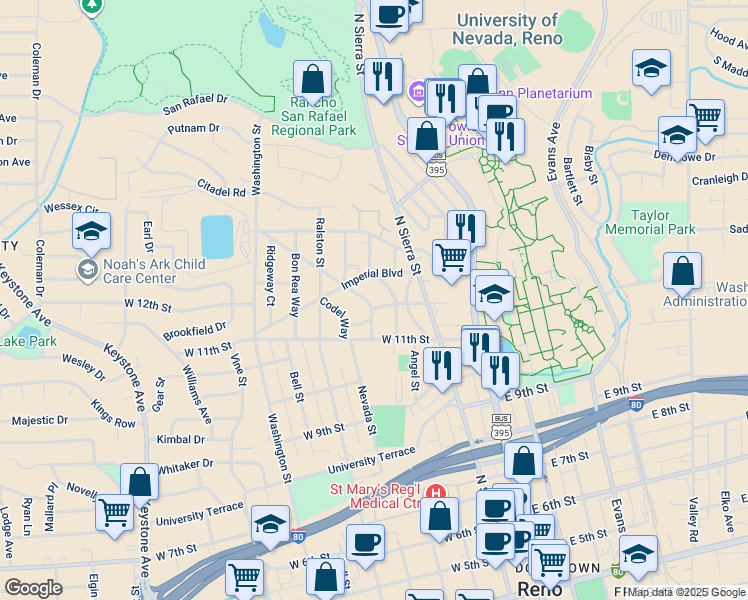 map of restaurants, bars, coffee shops, grocery stores, and more near 1155 Buena Vista Avenue in Reno