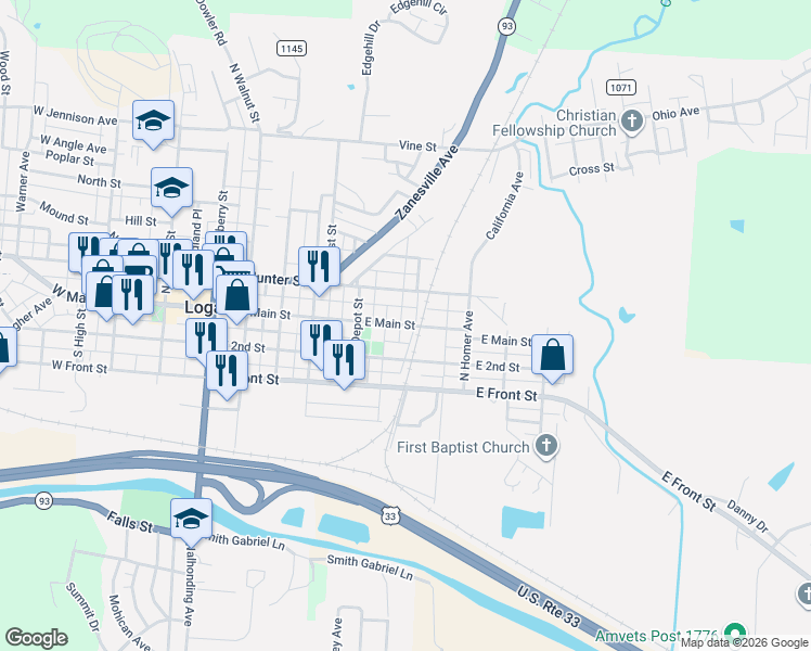 map of restaurants, bars, coffee shops, grocery stores, and more near 574 East Main Street in Logan
