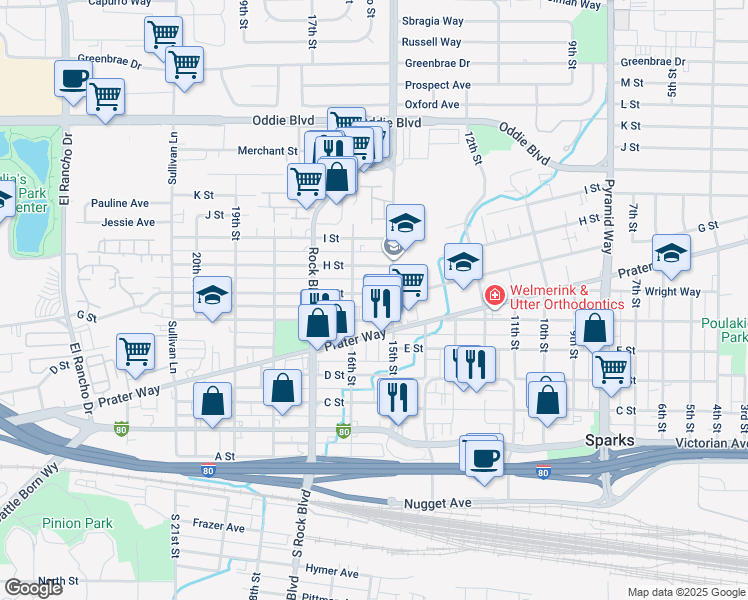 map of restaurants, bars, coffee shops, grocery stores, and more near 1530 G. Street in Sparks