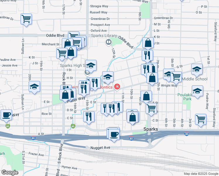 map of restaurants, bars, coffee shops, grocery stores, and more near 1216 Prater Way in Sparks