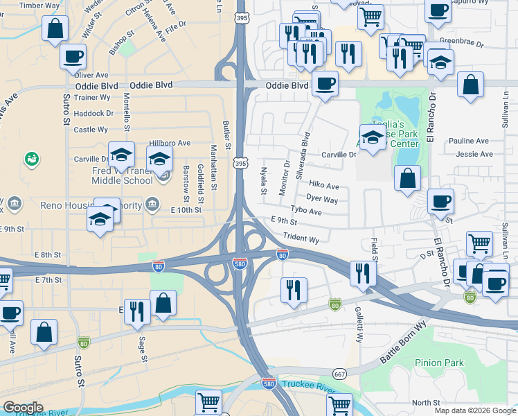 map of restaurants, bars, coffee shops, grocery stores, and more near 2255 East 9th Street in Reno