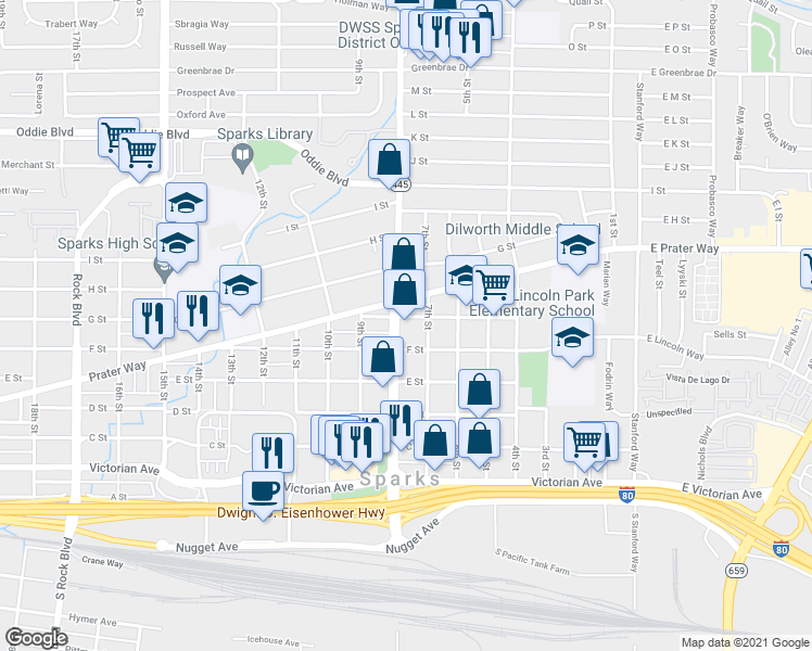map of restaurants, bars, coffee shops, grocery stores, and more near 634 Pyramid Way in Sparks