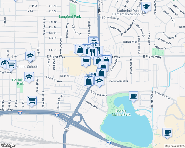 map of restaurants, bars, coffee shops, grocery stores, and more near 673 North McCarran Boulevard in Sparks
