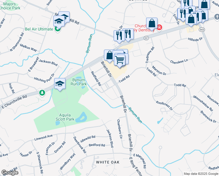 map of restaurants, bars, coffee shops, grocery stores, and more near Todd Road in Bel Air