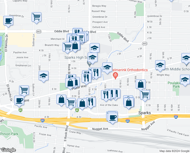 map of restaurants, bars, coffee shops, grocery stores, and more near 1471 G. Street in Sparks