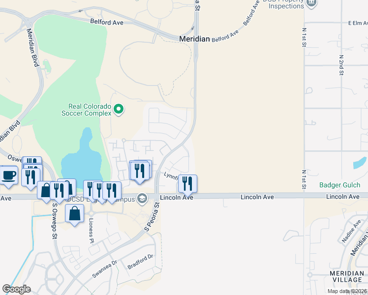map of restaurants, bars, coffee shops, grocery stores, and more near 12837 Mayfair Way in Englewood