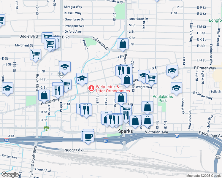 map of restaurants, bars, coffee shops, grocery stores, and more near 1010 Prater Way in Sparks