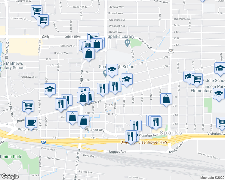 map of restaurants, bars, coffee shops, grocery stores, and more near 1471 G. Street in Sparks