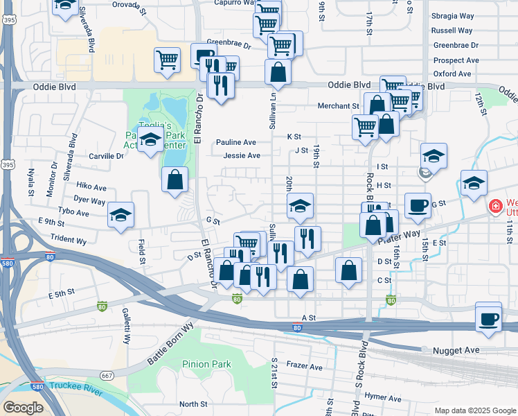 map of restaurants, bars, coffee shops, grocery stores, and more near 2100 G Street in Sparks