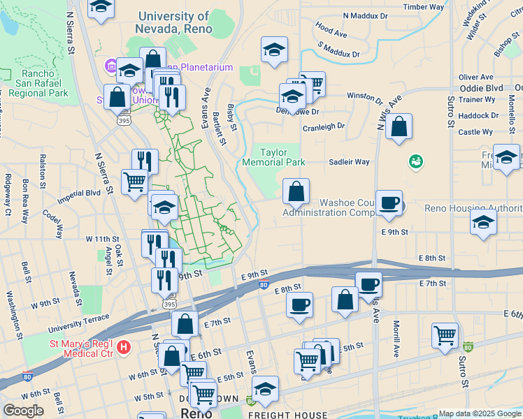 map of restaurants, bars, coffee shops, grocery stores, and more near 1110 Evans Avenue in Reno