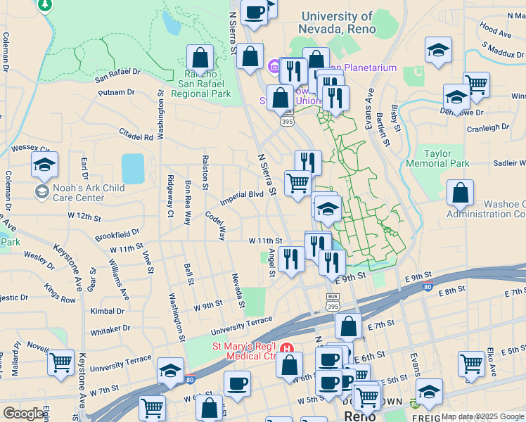 map of restaurants, bars, coffee shops, grocery stores, and more near 1261 Seminary Avenue in Reno