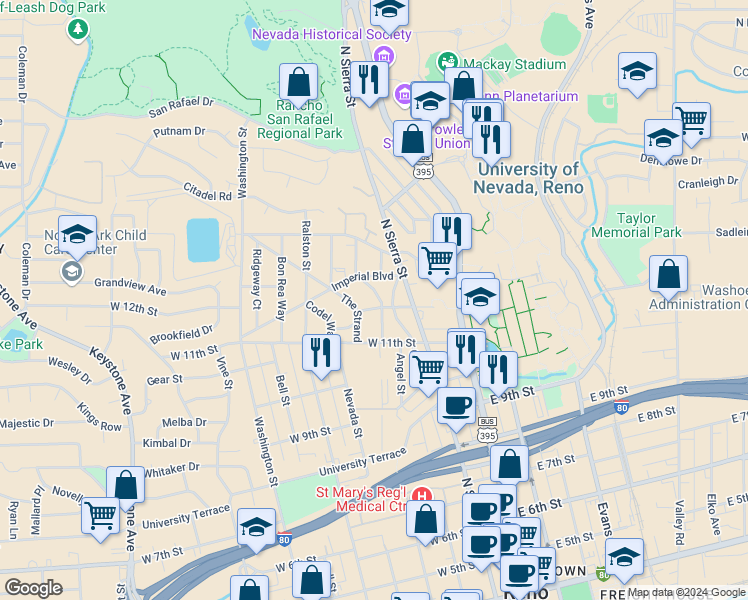 map of restaurants, bars, coffee shops, grocery stores, and more near 1155 Buena Vista Avenue in Reno