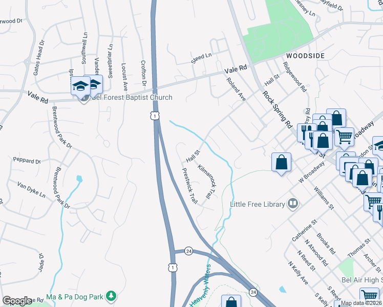map of restaurants, bars, coffee shops, grocery stores, and more near 402 Hall Street in Bel Air
