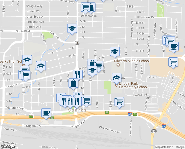 map of restaurants, bars, coffee shops, grocery stores, and more near 644 6th Street in Sparks