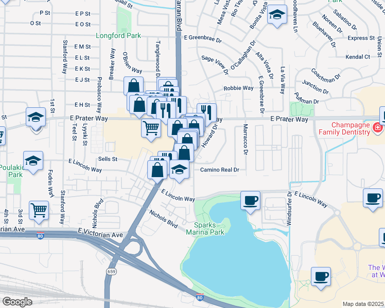 map of restaurants, bars, coffee shops, grocery stores, and more near 588 North McCarran Boulevard in Sparks