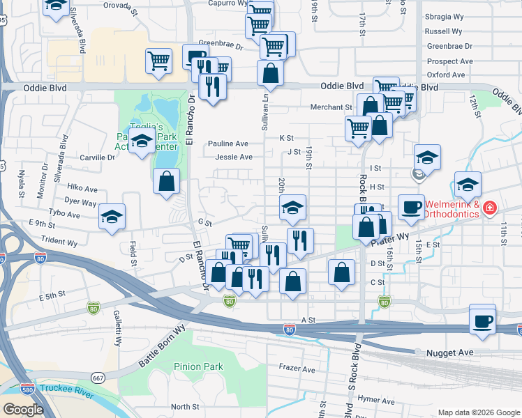 map of restaurants, bars, coffee shops, grocery stores, and more near 2127 Roundhouse Road in Sparks