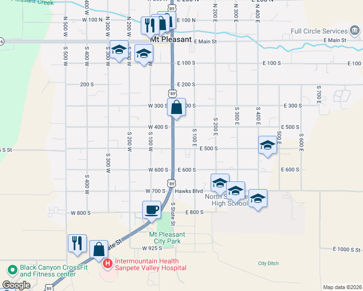 map of restaurants, bars, coffee shops, grocery stores, and more near 35 East 500 South in Mount Pleasant