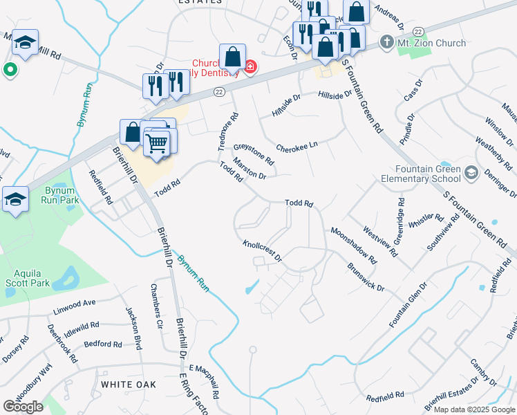 map of restaurants, bars, coffee shops, grocery stores, and more near 1300 Sheridan Place in Bel Air
