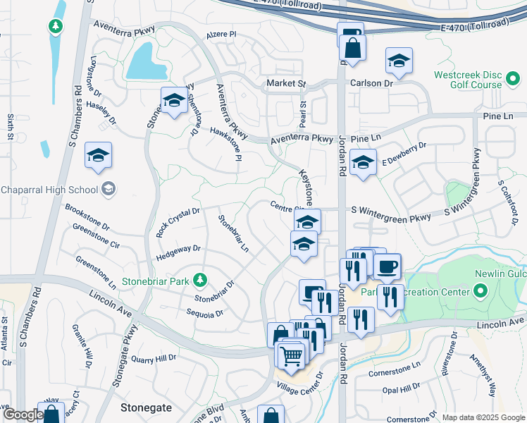 map of restaurants, bars, coffee shops, grocery stores, and more near 9751 Clandan Court in Parker