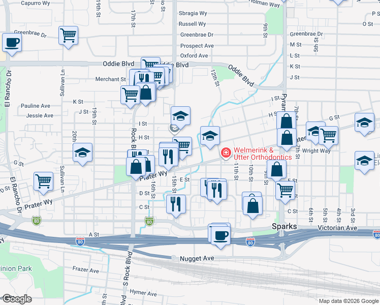 map of restaurants, bars, coffee shops, grocery stores, and more near 1445 G. Street in Sparks