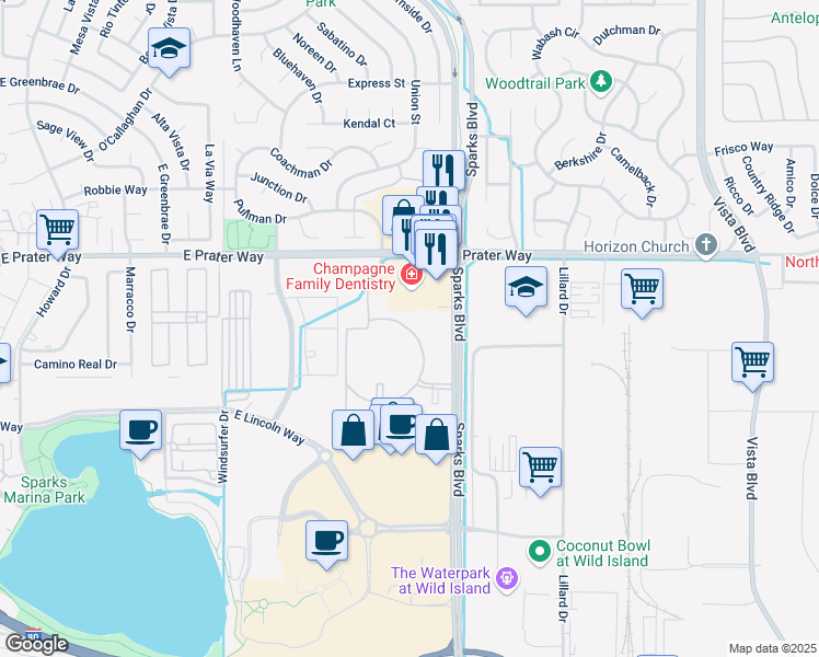 map of restaurants, bars, coffee shops, grocery stores, and more near 563 Sparks Boulevard in Sparks