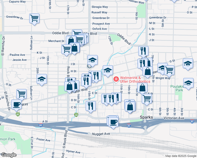 map of restaurants, bars, coffee shops, grocery stores, and more near 1445 G. Street in Sparks